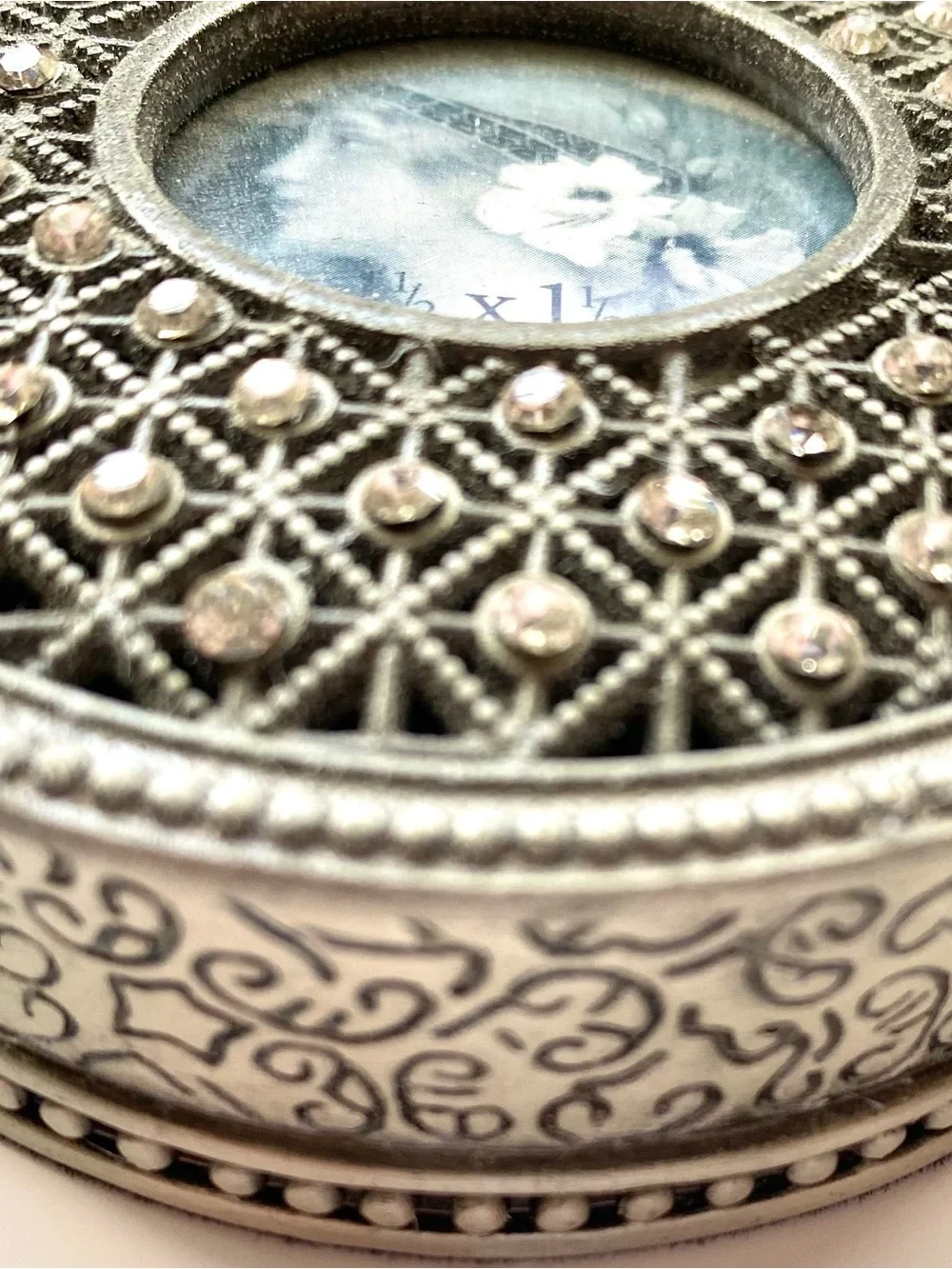 Vintage Rhinestone Bejeweled Custom Photo Metal Trinket/Keepsake Box